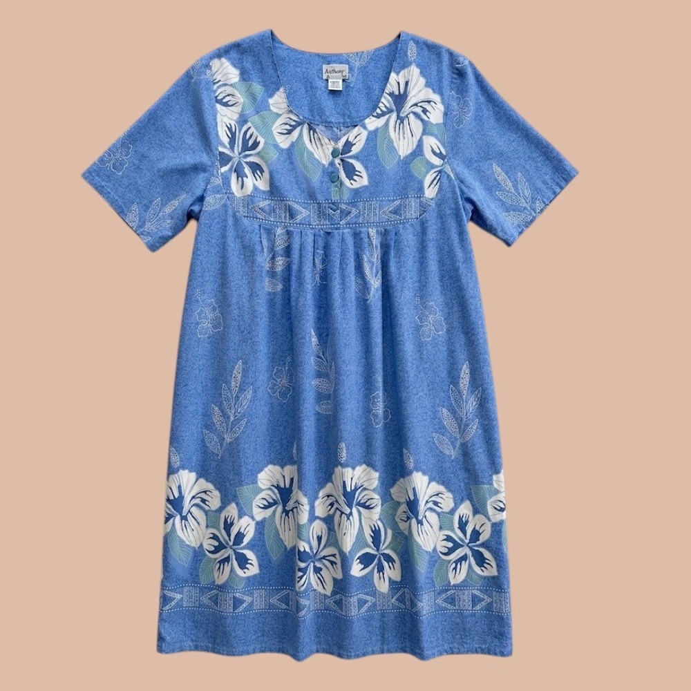 Vintage Blue Floral Muumuu House Dress Lounger XL-XXL Retro Summer Spring